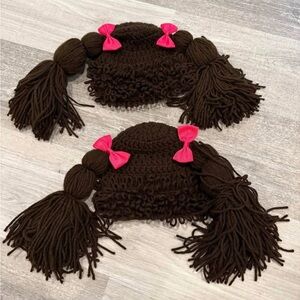 Cabbage Patch Brown Knit Hat with Pink Bows for Toddlers